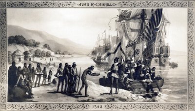Californië: 1542 Een schilderij dat Juan Rodriguez Cabrillo toont die inheemse bevolking ontmoet aan de kust van Californië tijdens zijn expeditie. door Unknown